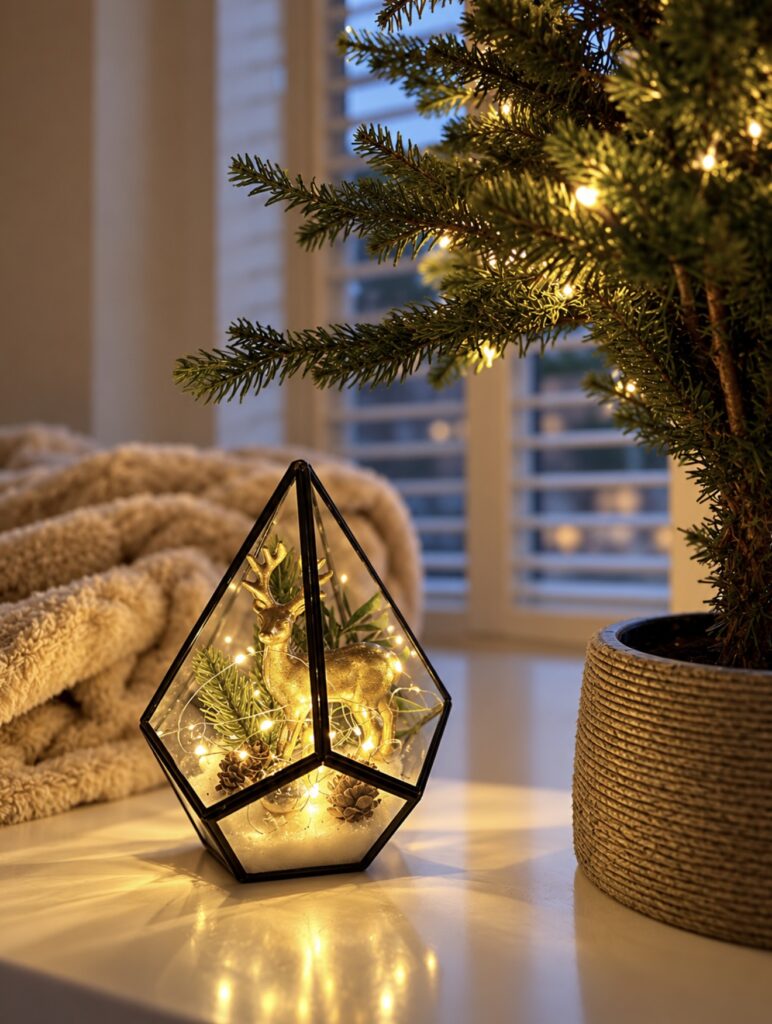 A gorgeous stag in terrarium lit up with fairy lights sat by a pot with lit up Christmas tree in bay window