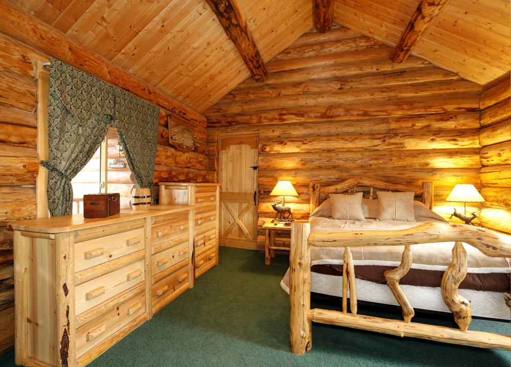 Interior of a cosy log cabin in the woods